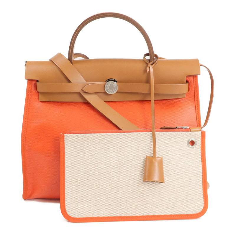HERMES 塗層帆布Herbag PM銀扣手挽肩背兩用袋Orange-1