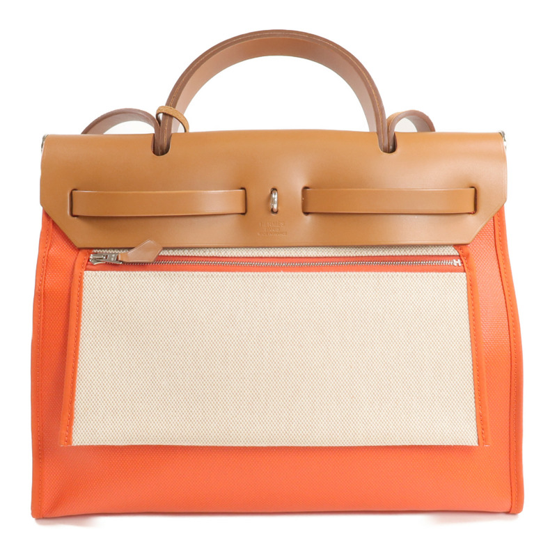 HERMES 塗層帆布Herbag PM銀扣手挽肩背兩用袋Orange-2