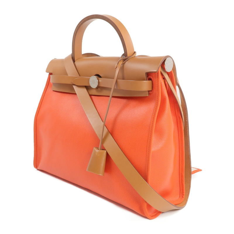 HERMES 塗層帆布Herbag PM銀扣手挽肩背兩用袋Orange-3