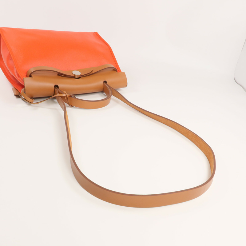 HERMES 塗層帆布Herbag PM銀扣手挽肩背兩用袋Orange-5