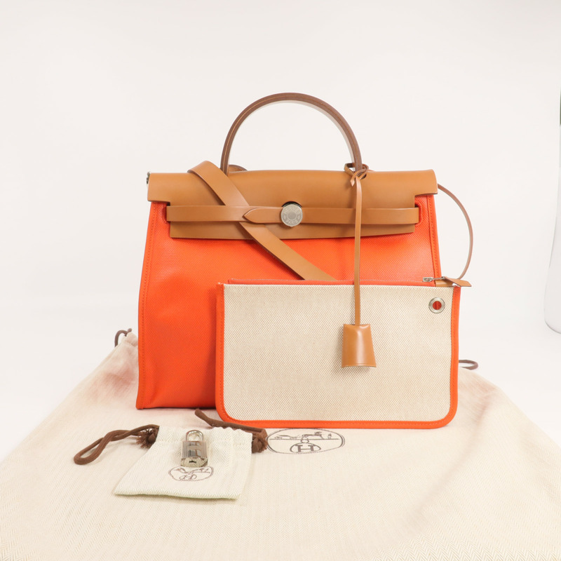 HERMES 塗層帆布Herbag PM銀扣手挽肩背兩用袋Orange-10
