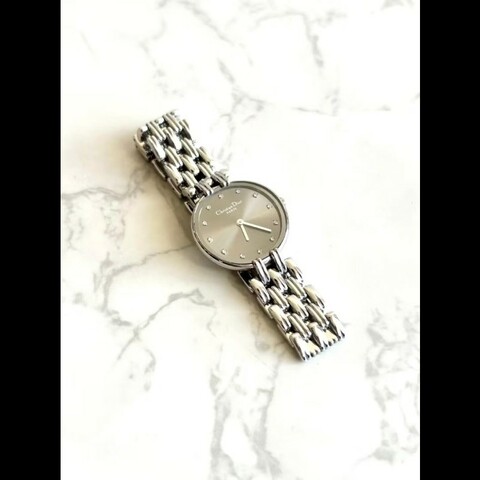 【LA LUNE】絕版稀有品 Dior灰銀色水鑽圓盤手錶古董錶 二手女裝腕錶 中古錶