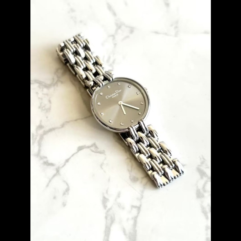 【LA LUNE】絕版稀有品 Dior灰銀色水鑽圓盤手錶古董錶 二手女裝腕錶 中古錶-1