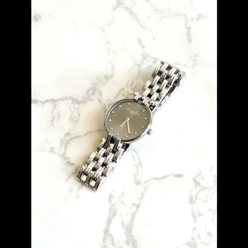 【LA LUNE】絕版稀有品 Dior灰銀色水鑽圓盤手錶古董錶 二手女裝腕錶 中古錶-4