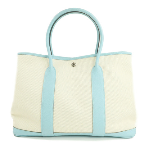 HERMES Negonda皮革/帆布Garden Party PM銀扣手挽袋Bleu Atoll