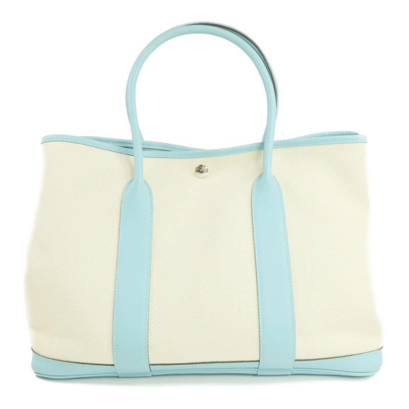 HERMES Negonda皮革/帆布Garden Party PM銀扣手挽袋Bleu Atoll-1