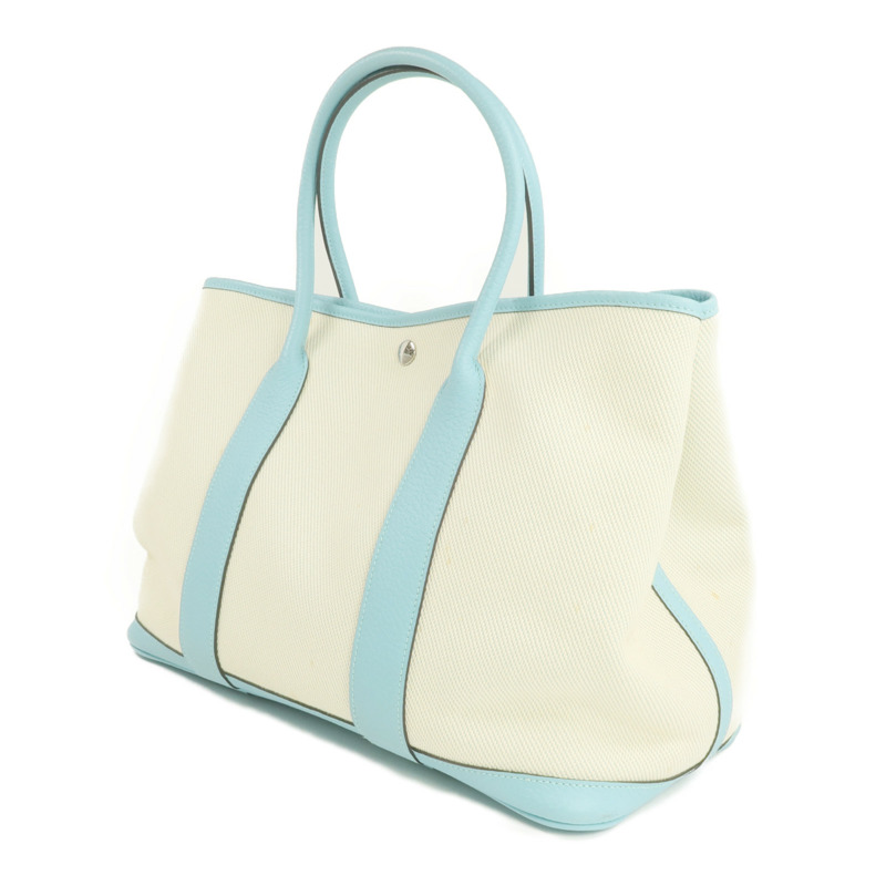 HERMES Negonda皮革/帆布Garden Party PM銀扣手挽袋Bleu Atoll-2
