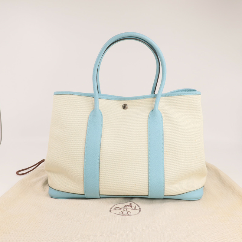 HERMES Negonda皮革/帆布Garden Party PM銀扣手挽袋Bleu Atoll-18