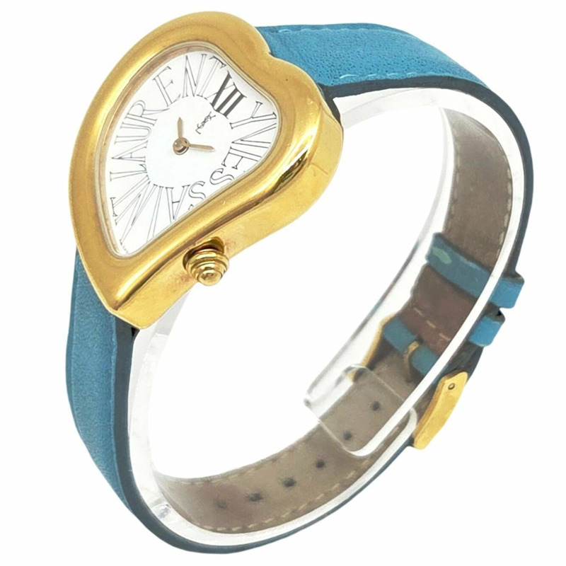 YVES SAINT LAURENT Yves Saint Laurent 石英手錶,心型,不鏽鋼 04F GP,皮革錶帶,藍白錶盤,女款。-1