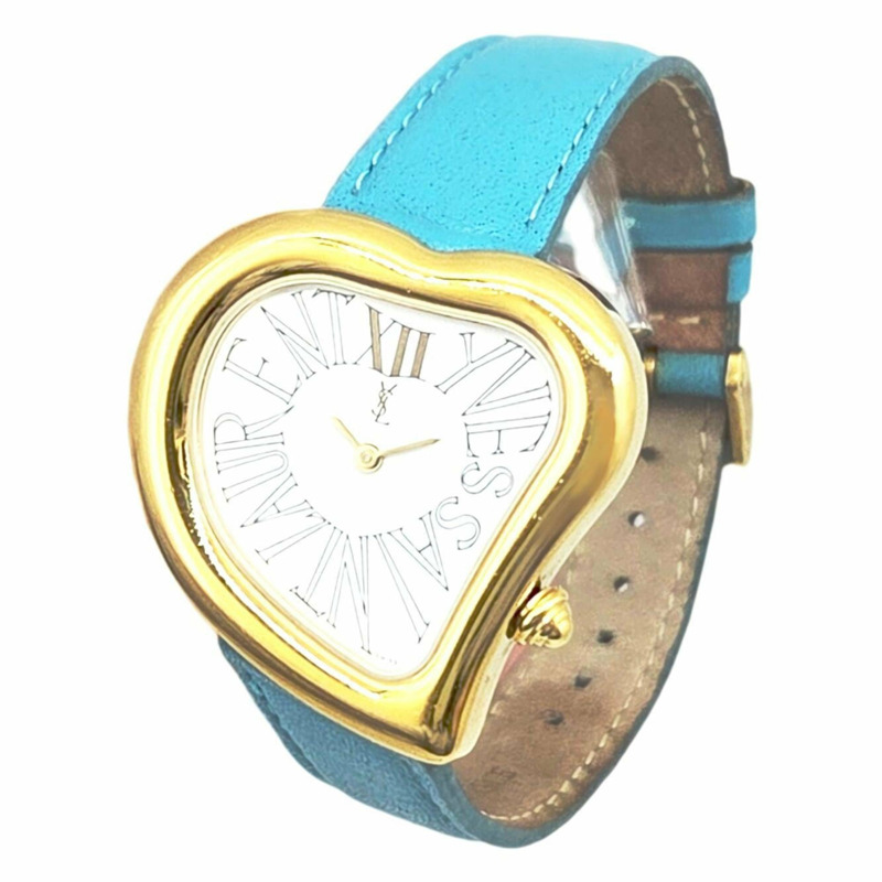 YVES SAINT LAURENT Yves Saint Laurent 石英手錶,心型,不鏽鋼 04F GP,皮革錶帶,藍白錶盤,女款。-3