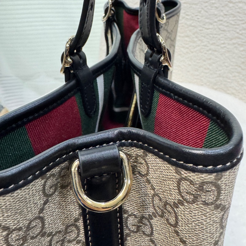 Gucci古馳GG原花PVC牛皮拼接Emblem中號托特包肩背斜背包815214-24