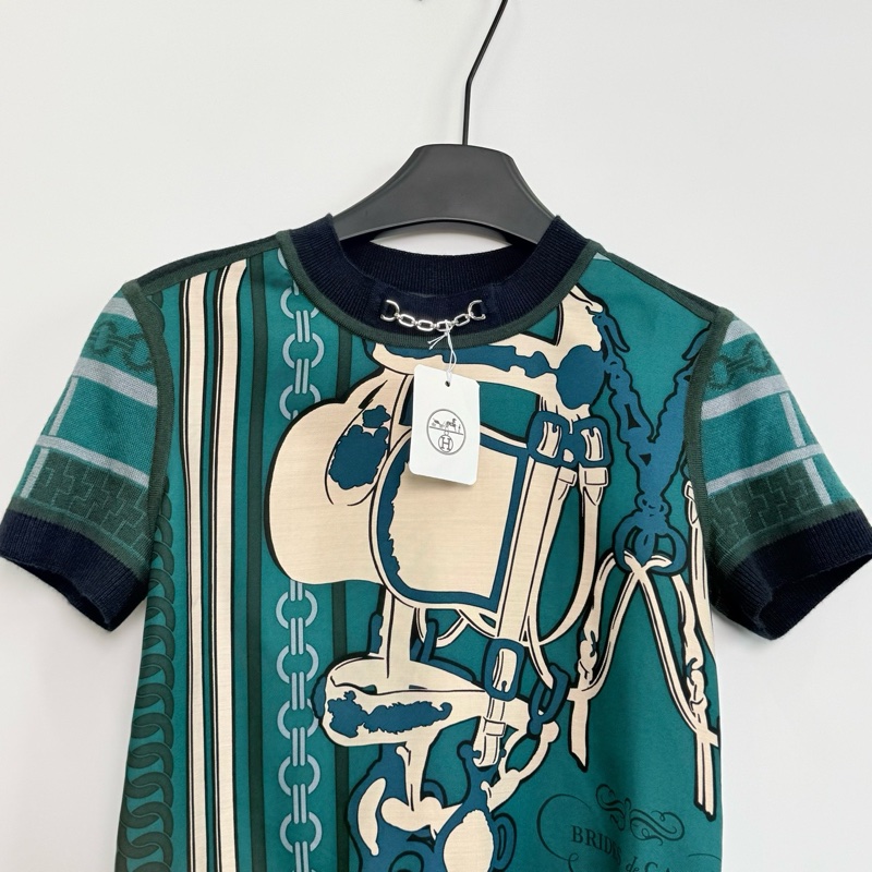 Hermes/愛馬仕/真絲拼接針織短袖/34碼 肩寬：39 胸圍：82 衣長：54-1