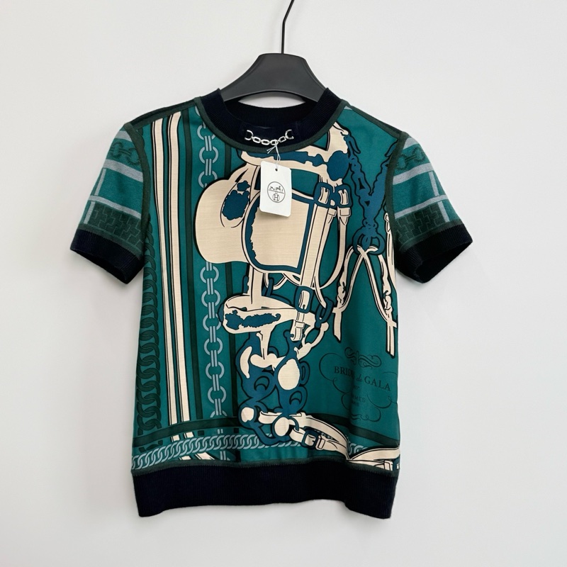 Hermes/愛馬仕/真絲拼接針織短袖/34碼 肩寬：39 胸圍：82 衣長：54-5