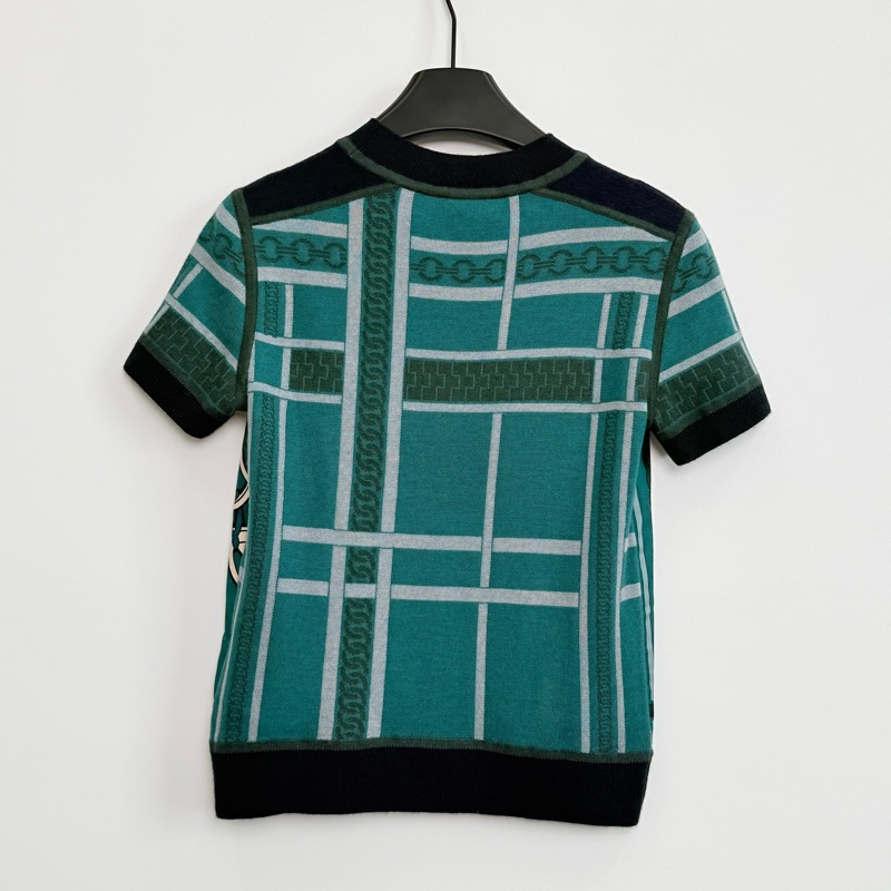 Hermes/愛馬仕/真絲拼接針織短袖/34碼 肩寬：39 胸圍：82 衣長：54-6