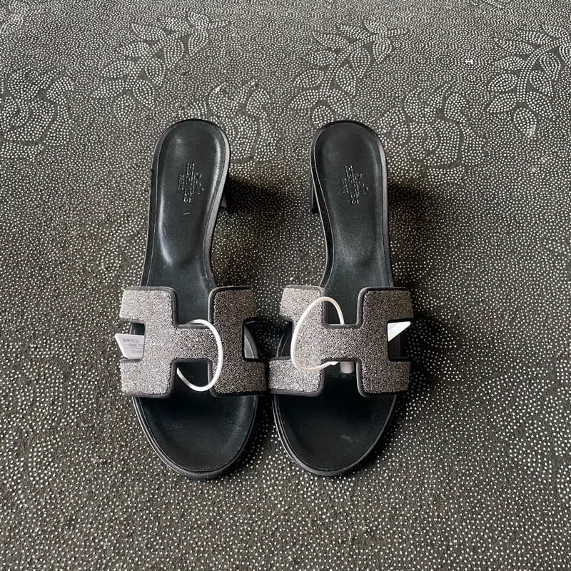 99新未使用 愛馬仕細鑽高跟h拖38碼-1