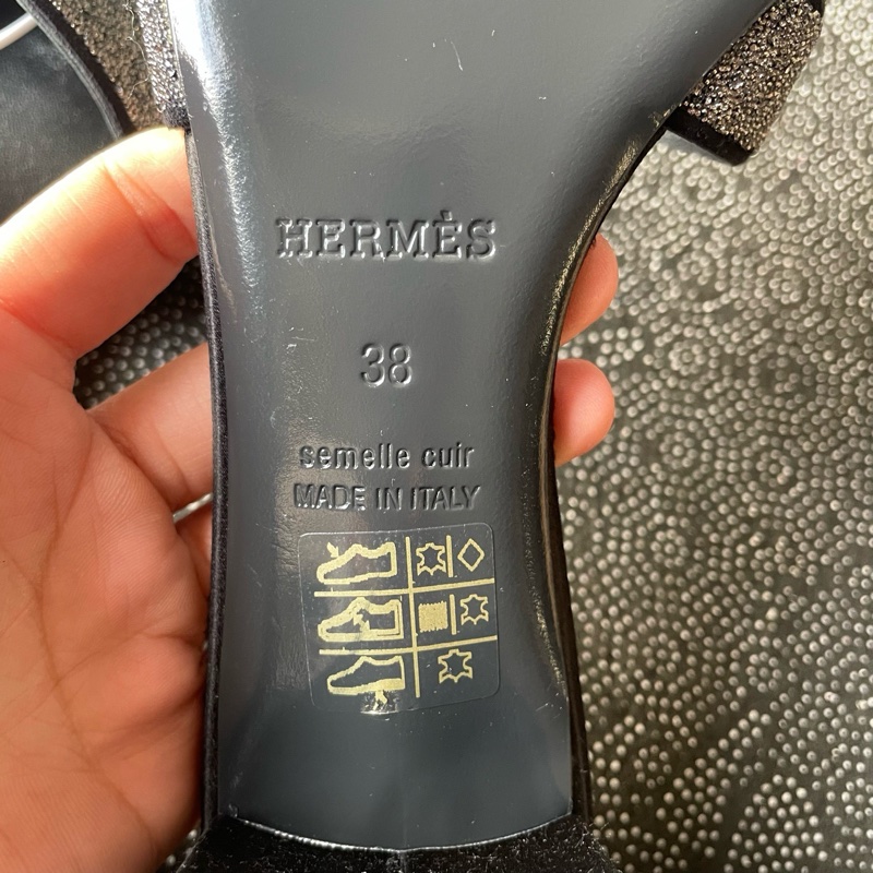 99新未使用 愛馬仕細鑽高跟h拖38碼-3
