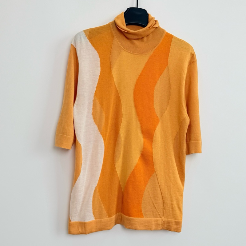 Hermes/愛馬仕/暖橙色系波浪紋高領中袖針織衫/S碼 肩寬:45 胸圍:96 衣長:66-1