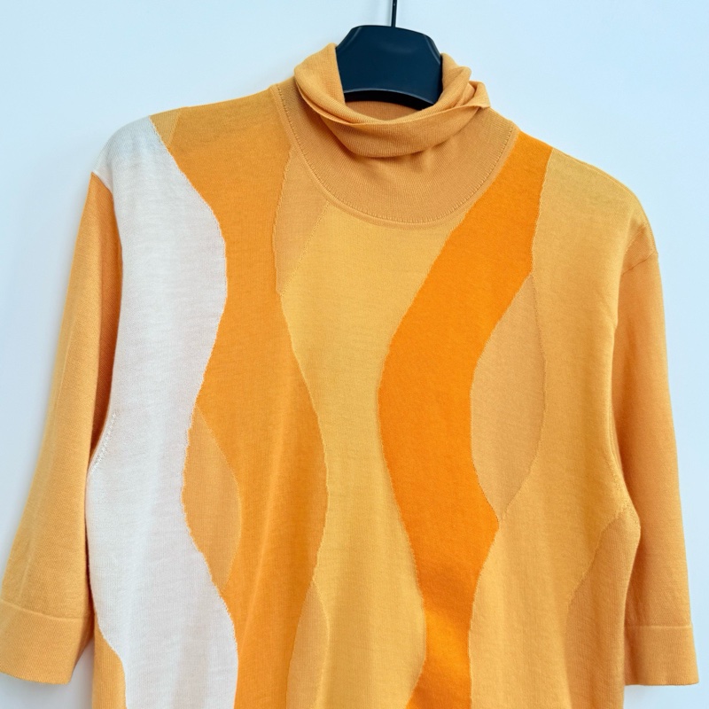 Hermes/愛馬仕/暖橙色系波浪紋高領中袖針織衫/S碼 肩寬:45 胸圍:96 衣長:66-2