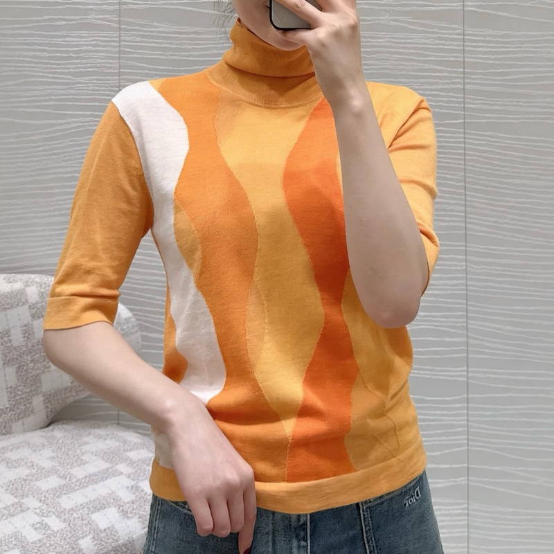 Hermes/愛馬仕/暖橙色系波浪紋高領中袖針織衫/S碼 肩寬:45 胸圍:96 衣長:66-7