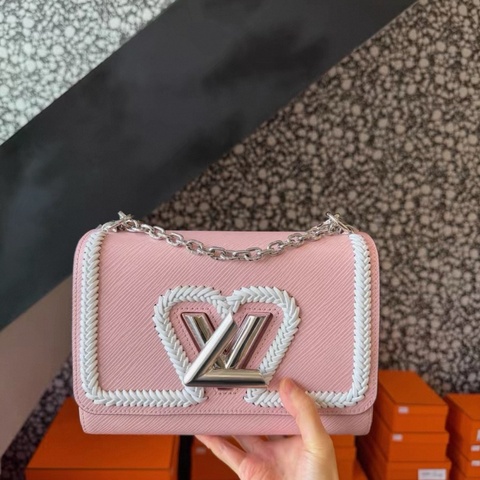 Lv 鏡款雙肩帶編織櫻花粉twist中號
