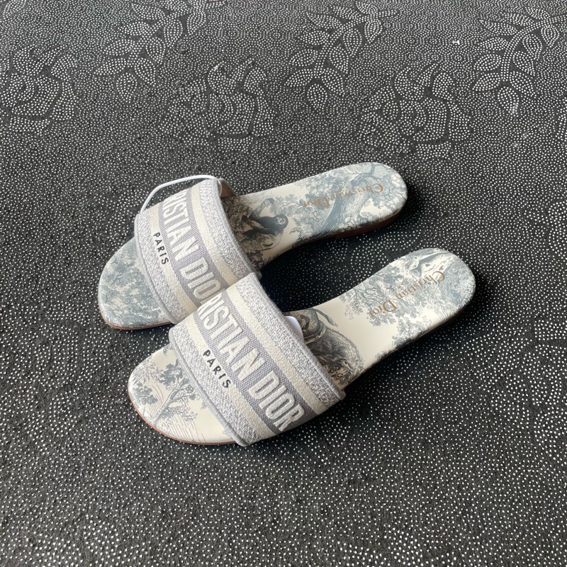 97新 dior迪奧白灰刺繡一字拖37碼-5