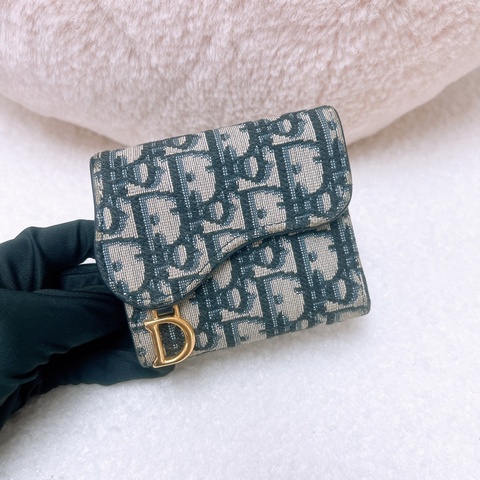 Dior saddle lotus 藍色老花三摺皮夾/短夾