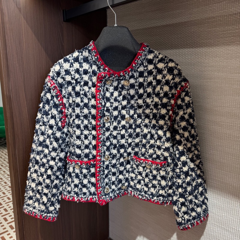 ⭐️chanel香奈兒 21C藍白格紋紅邊外套,34碼 雙排扣加紅色滾邊,層次感十足-0