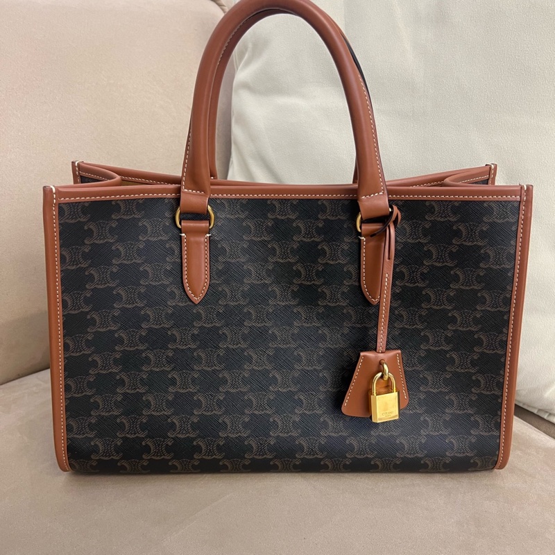 98新CELINE賽琳 Cabas Triomphe 老花滿印金色鎖飾橫款 托特包Tote包購物袋單-0