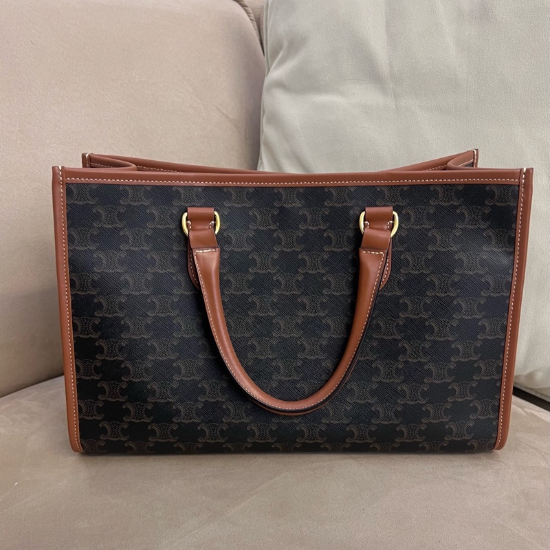 98新CELINE賽琳 Cabas Triomphe 老花滿印金色鎖飾橫款 托特包Tote包購物袋單-1