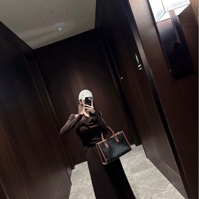 98新CELINE賽琳 Cabas Triomphe 老花滿印金色鎖飾橫款 托特包Tote包購物袋單-8