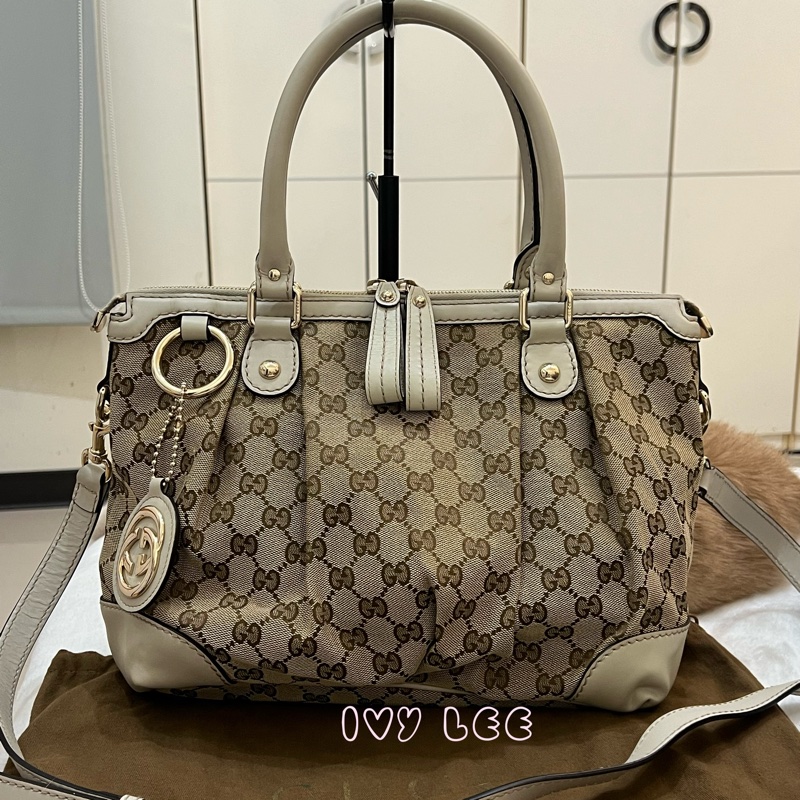 Gucci 烏木色 緹花帆布 白色牛皮飾邊 兩用包 247902 斜背包 肩背手提 正品 二手精品-0