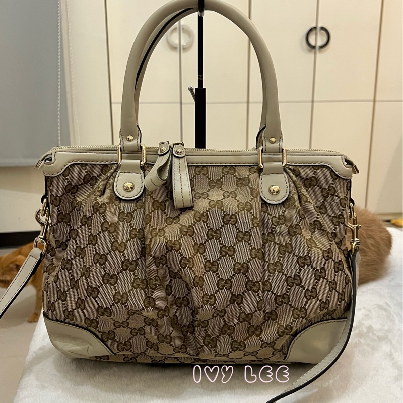 Gucci 烏木色 緹花帆布 白色牛皮飾邊 兩用包 247902 斜背包 肩背手提 正品 二手精品-1