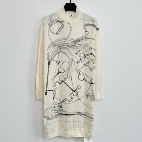 全新Hermes/愛馬仕/米白色高領長袖針織拼接真絲連衣裙/36碼