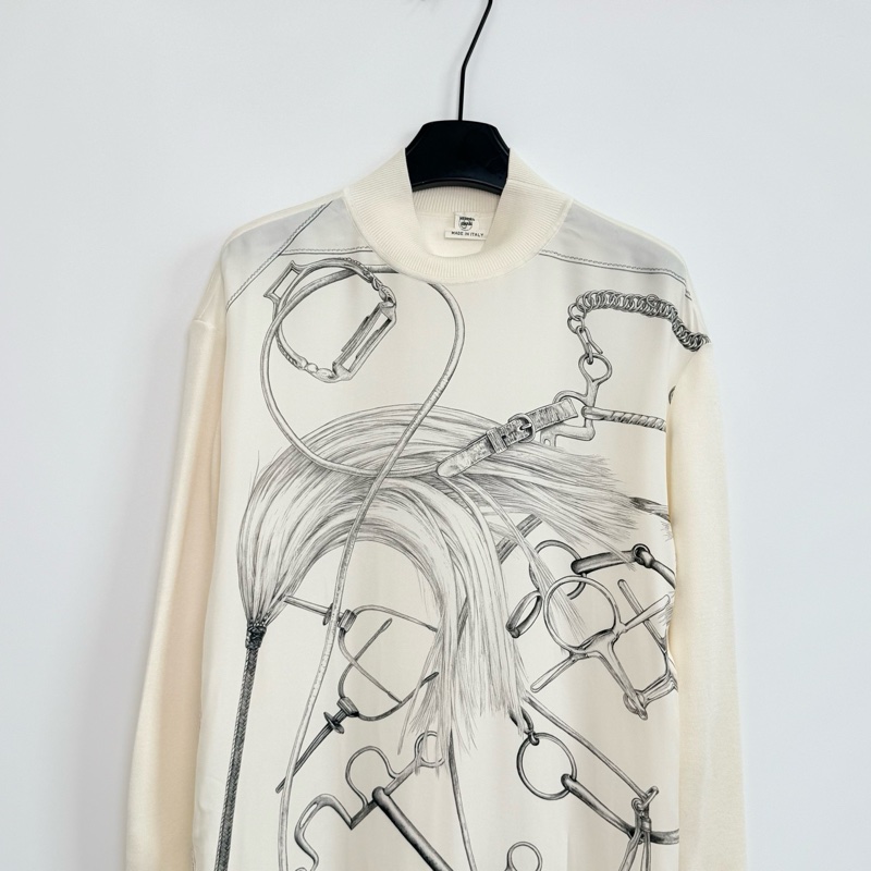 全新Hermes/愛馬仕/米白色高領長袖針織拼接真絲連衣裙/36碼-1