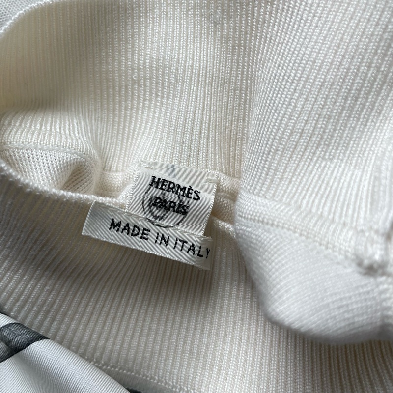 全新Hermes/愛馬仕/米白色高領長袖針織拼接真絲連衣裙/36碼-8