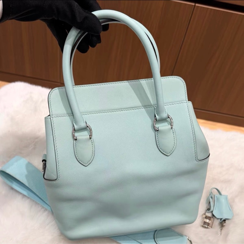 A刻Hermes愛馬仕 馬卡龍藍色銀扣牛奶盒子toolbox 20cm 有鎖鑰匙。-2