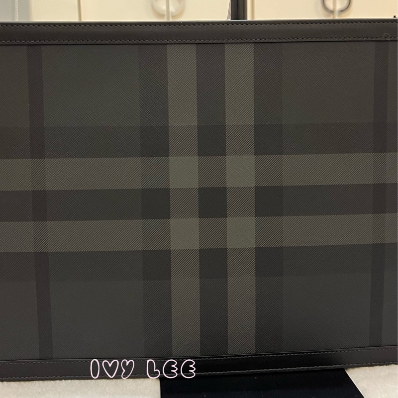 BURBERRY 黑 炭灰色 格紋拉鍊 手拿包 電腦包 正品 二手精品-18