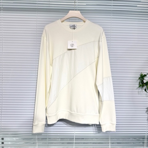 【全新原吊牌】 Hermès 愛馬仕 衛衣 L碼 尼龍拼接 莫康棉 螺紋領口 米白色