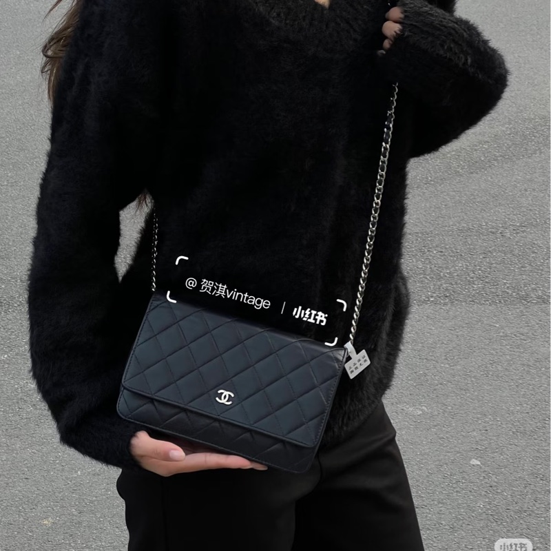 Chanel 香奈兒 CHANEL黑色羊皮 WOC鏈包經典菱 銀釦 鏈條包 AP0250-2