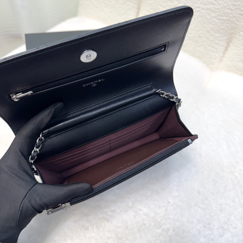 Chanel 香奈兒 CHANEL黑色羊皮 WOC鏈包經典菱 銀釦 鏈條包 AP0250-8