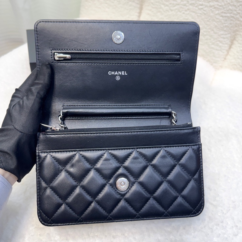 Chanel 香奈兒 CHANEL黑色羊皮 WOC鏈包經典菱 銀釦 鏈條包 AP0250-9