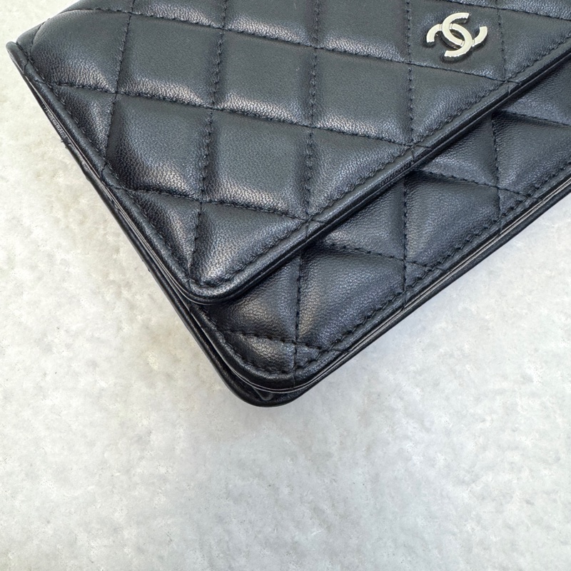 Chanel 香奈兒 CHANEL黑色羊皮 WOC鏈包經典菱 銀釦 鏈條包 AP0250-13