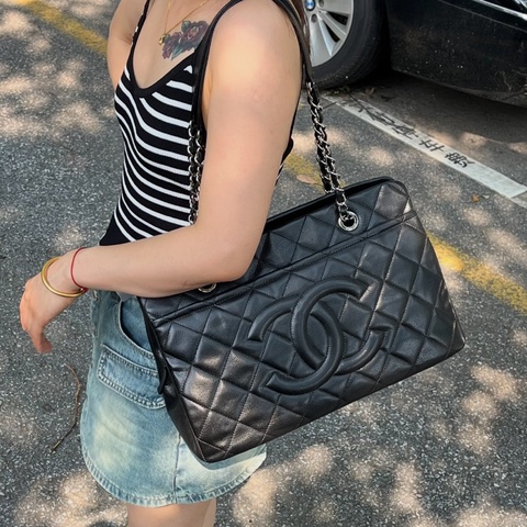 必入款😍99新🆕Chanel香奈兒黑銀荔枝牛皮托特包單肩包手提包