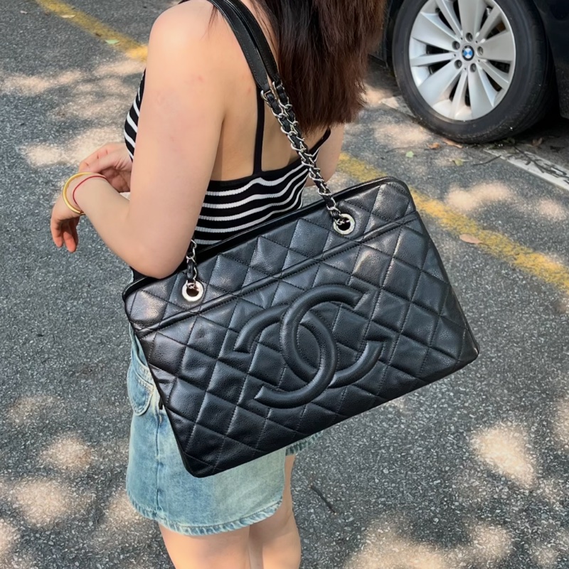 必入款😍99新🆕Chanel香奈兒黑銀荔枝牛皮托特包單肩包手提包-1