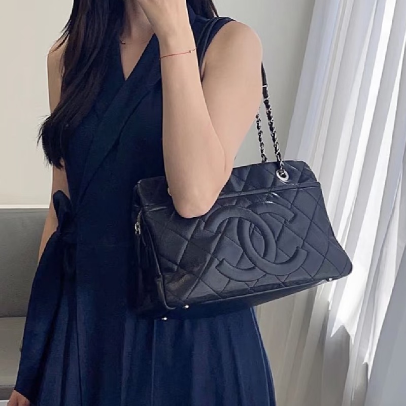 必入款😍99新🆕Chanel香奈兒黑銀荔枝牛皮托特包單肩包手提包-3