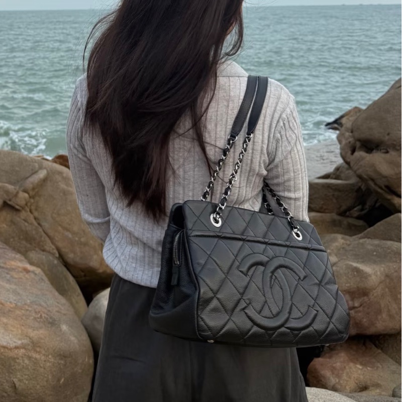 必入款😍99新🆕Chanel香奈兒黑銀荔枝牛皮托特包單肩包手提包-4