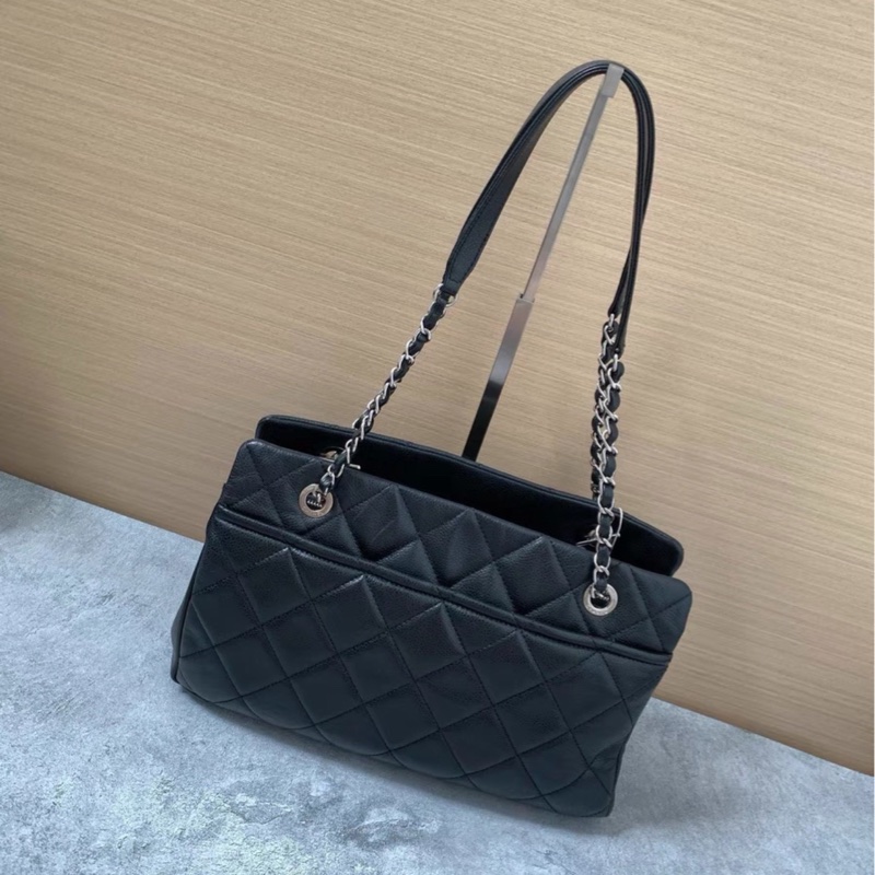 必入款😍99新🆕Chanel香奈兒黑銀荔枝牛皮托特包單肩包手提包-6
