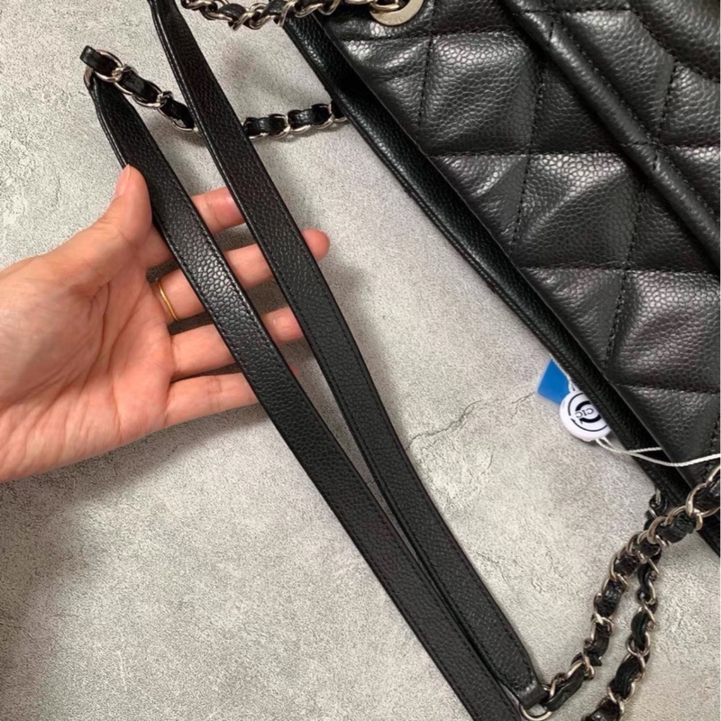 必入款😍99新🆕Chanel香奈兒黑銀荔枝牛皮托特包單肩包手提包-11