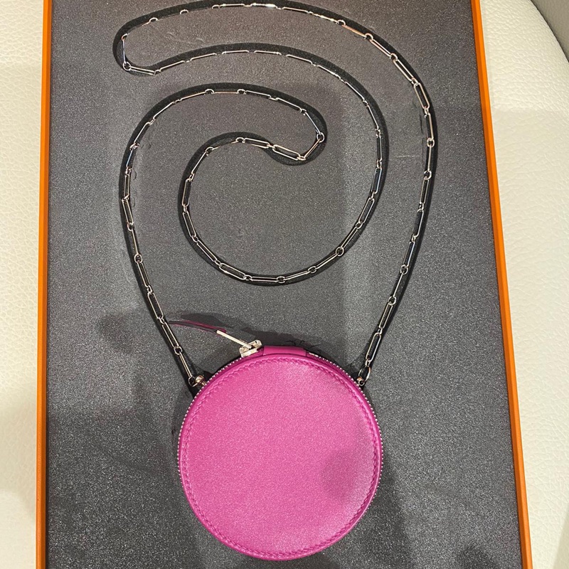 99新閑置品 Hermes Micro Rond Veau Villandry Bag 銀扣鏈條迷你圓盒包 限量版 L3 玫瑰紫-0