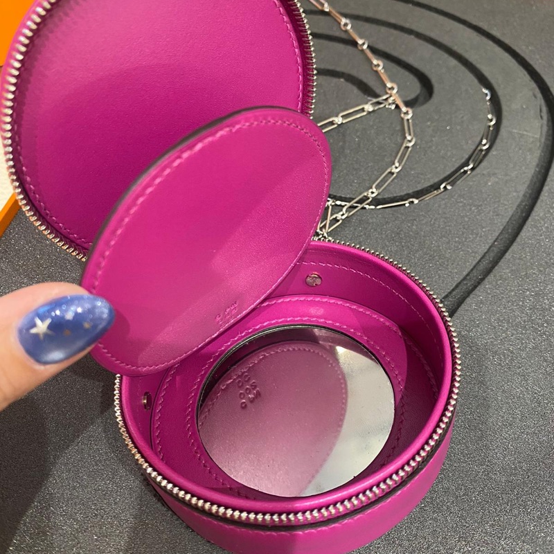 99新閑置品 Hermes Micro Rond Veau Villandry Bag 銀扣鏈條迷你圓盒包 限量版 L3 玫瑰紫-3